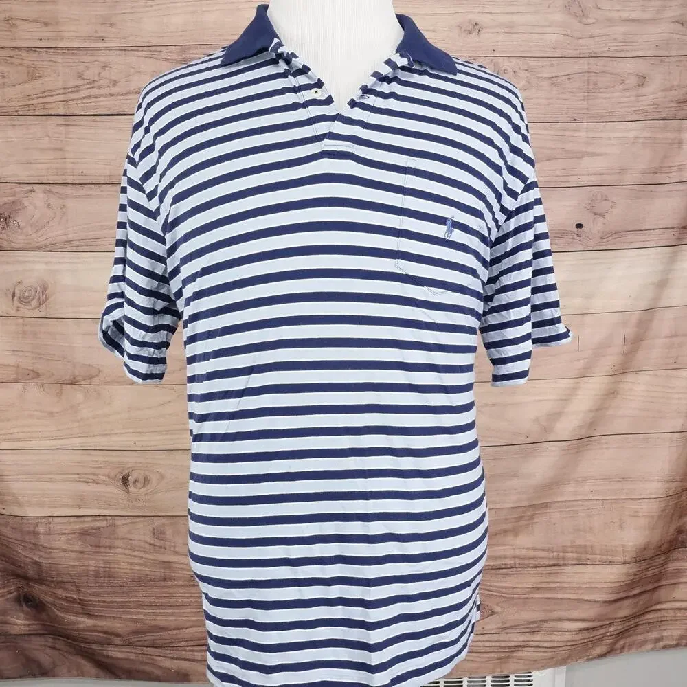 Polo Ralph Lauren‎ Polo Shirt Mens XL Blue White Striped Pocket SOFT TOUCH